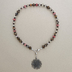 CHERRY FIRE QUARTZ NECKLACE W/ MANDALA- 16"