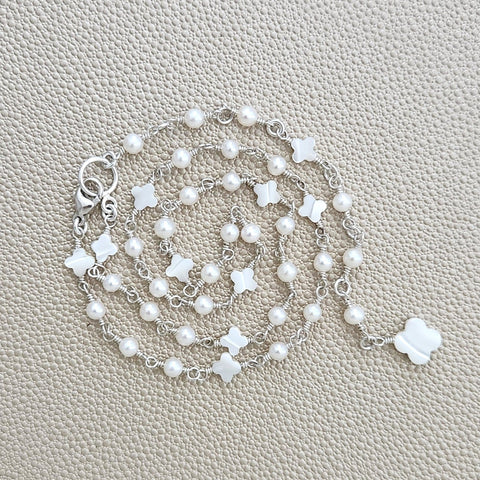 MINI PEARLS & MOTHER OF PEARL CLOVER NECKLACE--16-20"