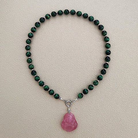 0--GREEN TIGERS EYE NECKLACE W/ HAPPY BUDDHA PENDANT--16"