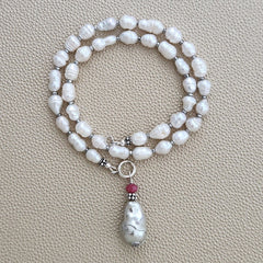 0--MINI BAROQUE PEARL NECKLACE W/ FLAMEBALL DROP--16"