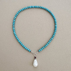 0--MAGNESITE TURQUOISE NECKLACE W/ PEARL DROP--16"