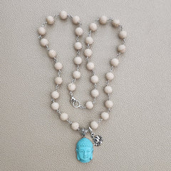 0--WOOD AGATE NECKLACE WITH BUDDHA PENDANT-24"
