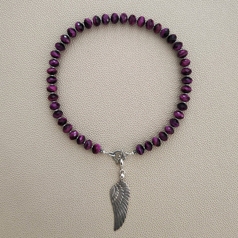 0--PURPLE TIGERS EYE NECKLACE WITH 925 SILVER WING--16"