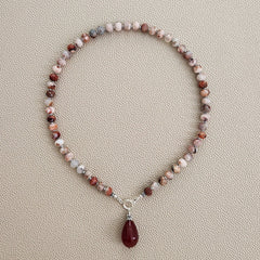 0--SAKURA AGATE NECKLACE W/ CARNELIAN DROP--16"