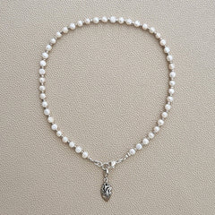 0--WHITE MINI COIN PEARL NECKLACE W/ HEART--16"
