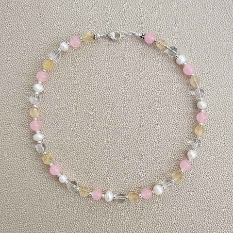 0--CITRINE PINK JADE MIX GEMSTONE NECKLACE--16"