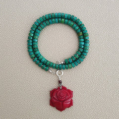 0--GREEN TURQUOISE HEISHI NECKLACE WITH ROSE PENDANT--16"