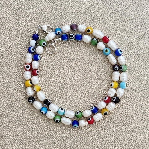 EYE BEADS & PEARLS NECKLACE-MULTI COLOR-19"
