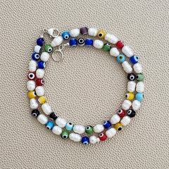 EYE BEADS & PEARLS NECKLACE-MULTI COLOR-19"