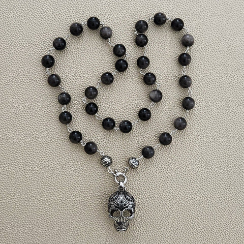 00--SILVER OBSIDIAN NECKLACE W/ 925 SILVER SKULL-24"