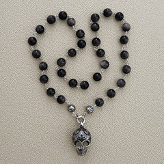 00--SILVER OBSIDIAN NECKLACE W/ 925 SILVER SKULL-24"