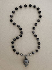 00--SILVER OBSIDIAN NECKLACE W/ 925 SILVER SKULL-24"