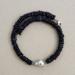0--MIDNIGHT HOUR BLUE SANDSTONE NECKLACE W/ FLAMEBALL PEARL-16"