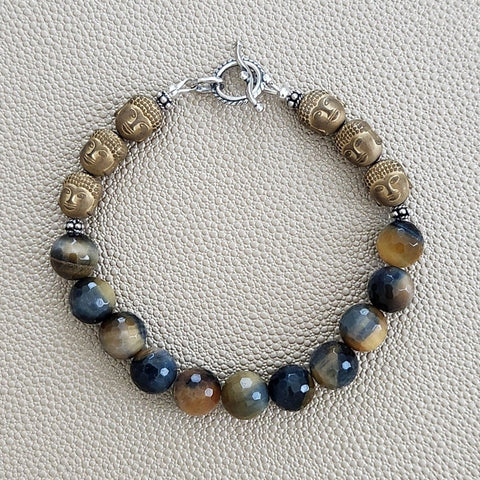 BLACK & GOLD TIGERS EYE BRACELET W/ BUDDHA HEAD BEADS