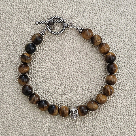 TIGERS EYE BRACELET W/ 925 SILVER SKULL BEAD