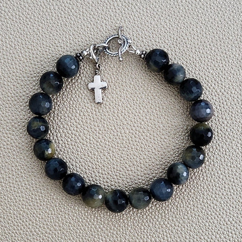 BLACK & GOLD TIGERS EYE BRACELET W/ 925 CROSS