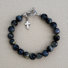 BLACK & GOLD TIGERS EYE BRACELET W/ 925 CROSS
