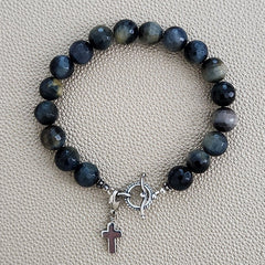 BLACK & GOLD TIGERS EYE BRACELET W/ 925 CROSS