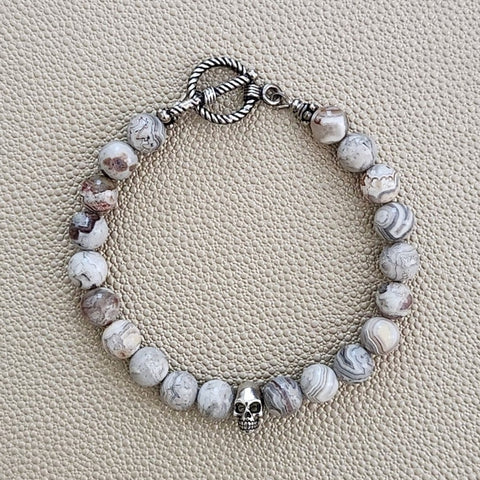 LAGUNA LACE AGATE BRACELET WITH 925 SILVER SKULL BEAD