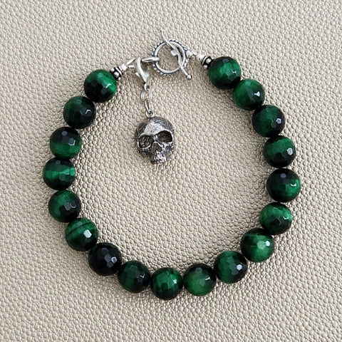 GREEN TIGERS EYE BRACELET W/ 925 SILVER SKULL