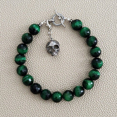 GREEN TIGERS EYE BRACELET W/ 925 SILVER SKULL