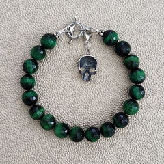 GREEN TIGERS EYE BRACELET W/ 925 SILVER SKULL