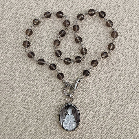 0--SMOKY QUARTZ NECKLACE WITH KWAN YIN PENDANT-18"