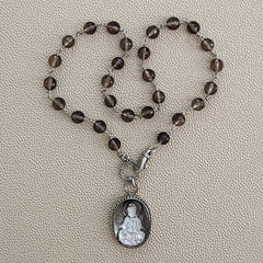 0--SMOKY QUARTZ NECKLACE WITH KWAN YIN PENDANT-18"