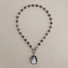 0--SMOKY QUARTZ NECKLACE WITH KWAN YIN PENDANT-18"