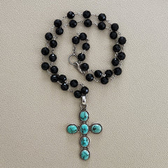 0--BLACK ONYX NECKLACE WITH TURQUOISE CROSS PENDANT-30"
