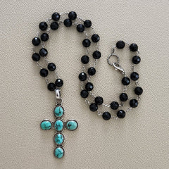 0--BLACK ONYX NECKLACE WITH TURQUOISE CROSS PENDANT-30"