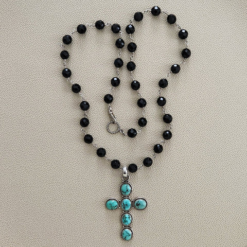 0--BLACK ONYX NECKLACE WITH TURQUOISE CROSS PENDANT-30"