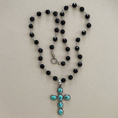 0--BLACK ONYX NECKLACE WITH TURQUOISE CROSS PENDANT-30"
