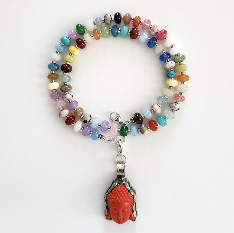 0--JELLYBEAN CANDY COLORED MIXED GEMSTONE NECKLACE W/ BUDDHA PENDANT-20"