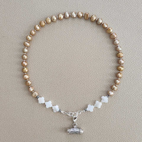 CHAMPAGNE GOLD PEARL NECKLACE W/ 925 PENDANT--16"