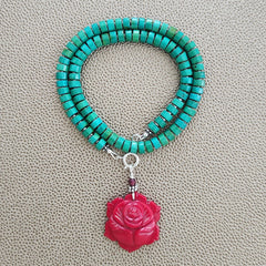 0--GREEN TURQUOISE HEISHI NECKLACE WITH ROSE PENDANT--16"