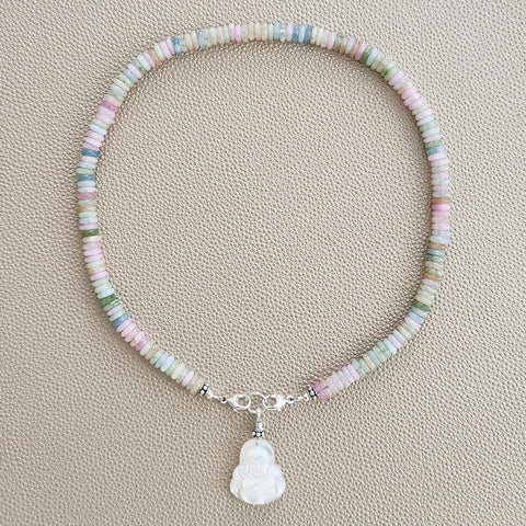 0--MINI PASTEL COLORED JADE NECKLACE W/ HAPPY BUDDHA--16"