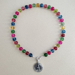 0--CRACKLE QUARTZ CRYSTAL NECKLACE W/ 925 BUDDHA--17.5"