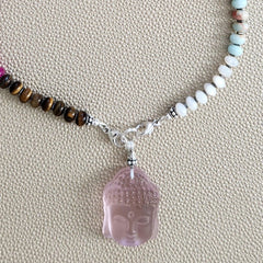 0--HAPPY IN HILO MULTI GEMSTONE NECKLACE W/ PINK BUDDHA--20"