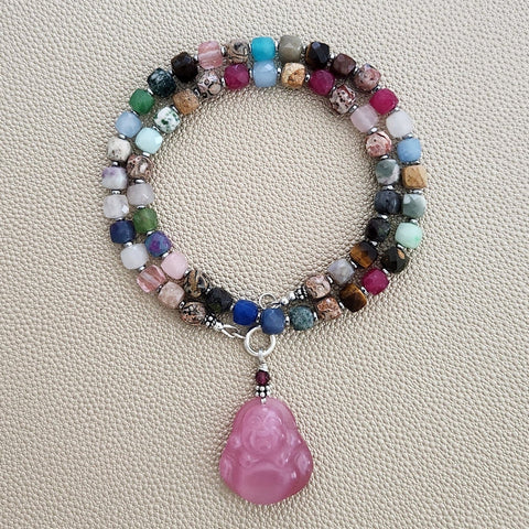 0--MIXED GEMSTONE NECKLACE W/ PINK HAPPY BUDDHA--18"
