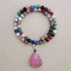0--MIXED GEMSTONE NECKLACE W/ PINK HAPPY BUDDHA--18"