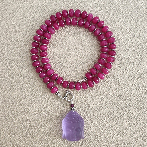 0--FUCHSIA JADE NECKLACE W/ BUDDHA PENDANT-18"