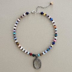 0--MIXED GEMSTONE NECKLACE W/ BUDDHA PENDANT-16"