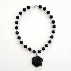 BLUE TIGERS EYE WITH BLACK ROSE NECKLACE-19"