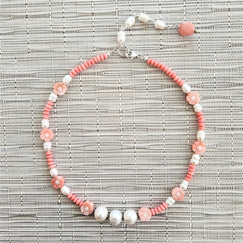 PINK CORAL & WHITE PEARL NECKLACE -16"