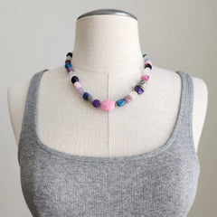 MIXED AGATE NECKLACE WITH PINK ACCENT-16"