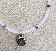 CLEAR QUARTZ NECKLACE W/ LABRADORITE ROSE PENDANT