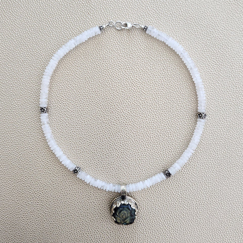 CLEAR QUARTZ NECKLACE W/ LABRADORITE ROSE PENDANT