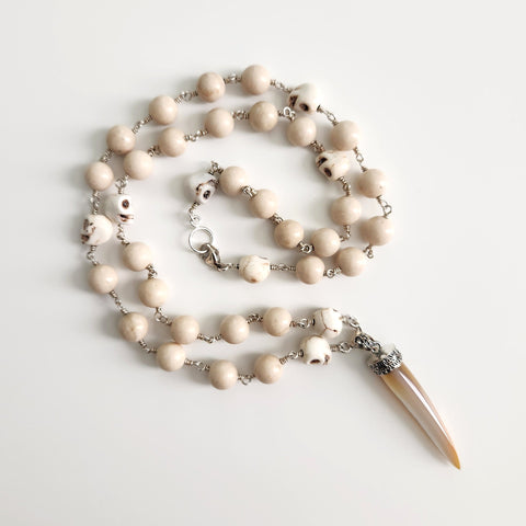 0--WOOD AGATE WITH SKULL BEADS NECKLACE-28"