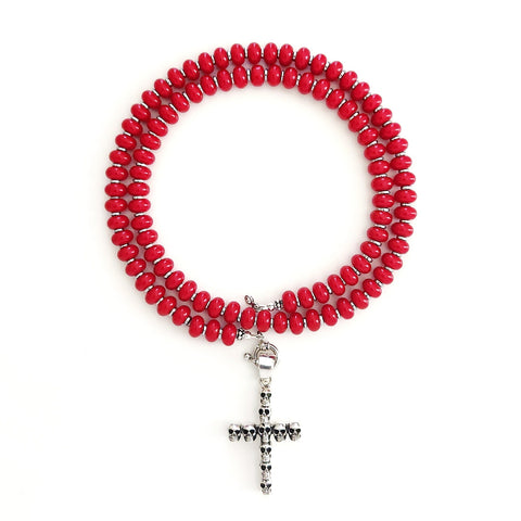 00--RED COLOR JADE NECKLACE W/ SKULL CROSS PENDANT--24"